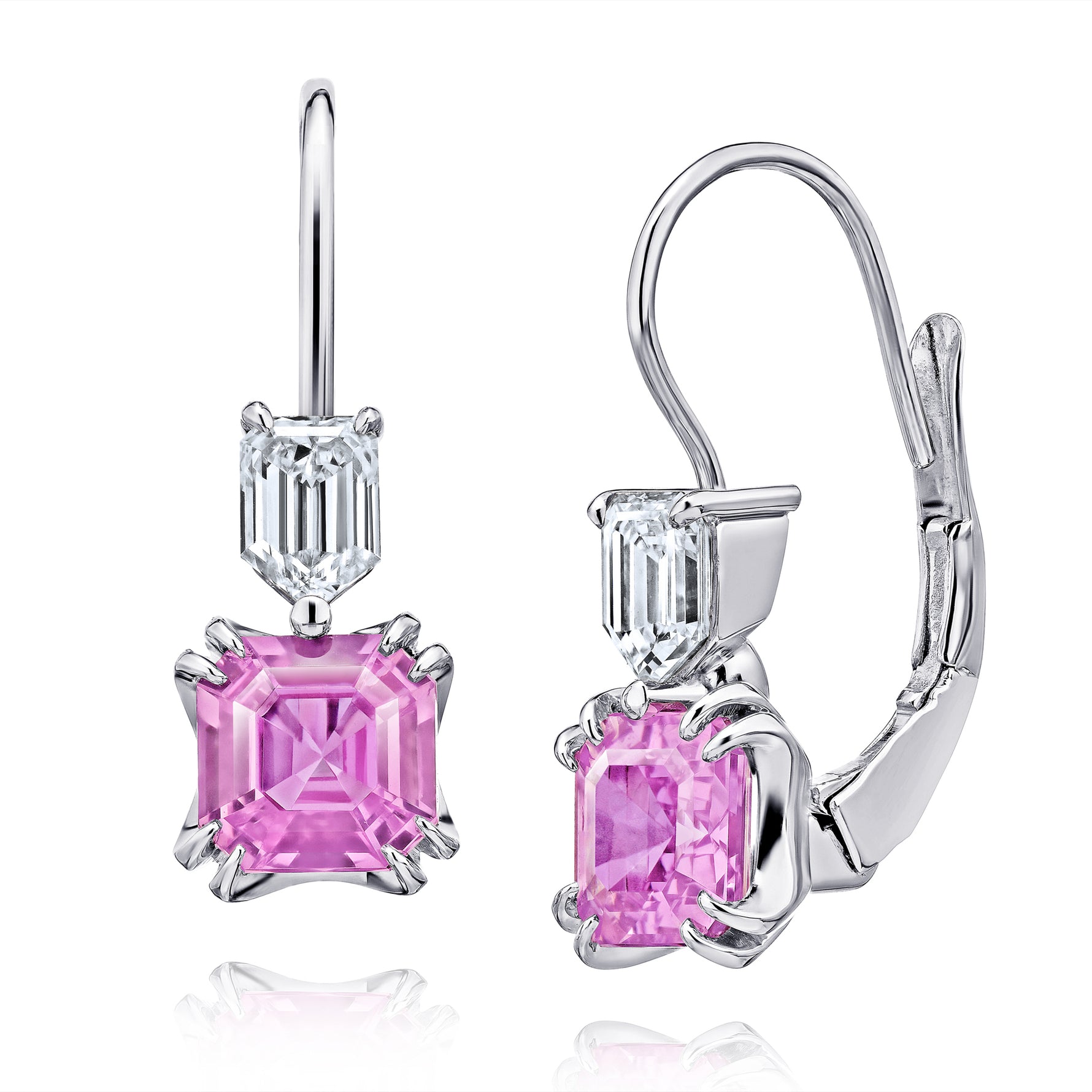 1.98 Carat Emerald Cut Pink Sapphire and Diamond Earrings
