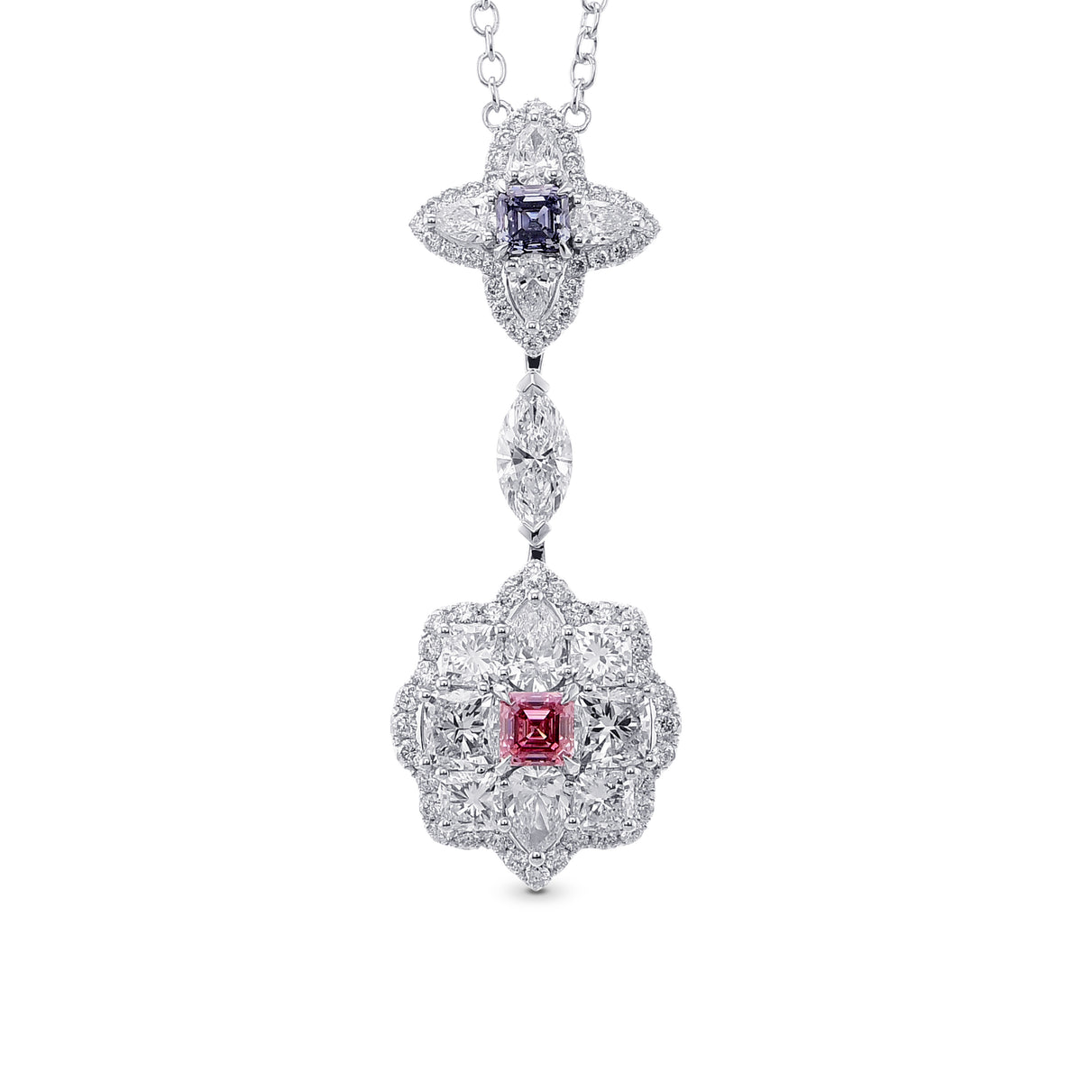 Fancy Intense Purplish Pink Asscher & Fancy Dark Blue Gray Emerald Diamond Pendant