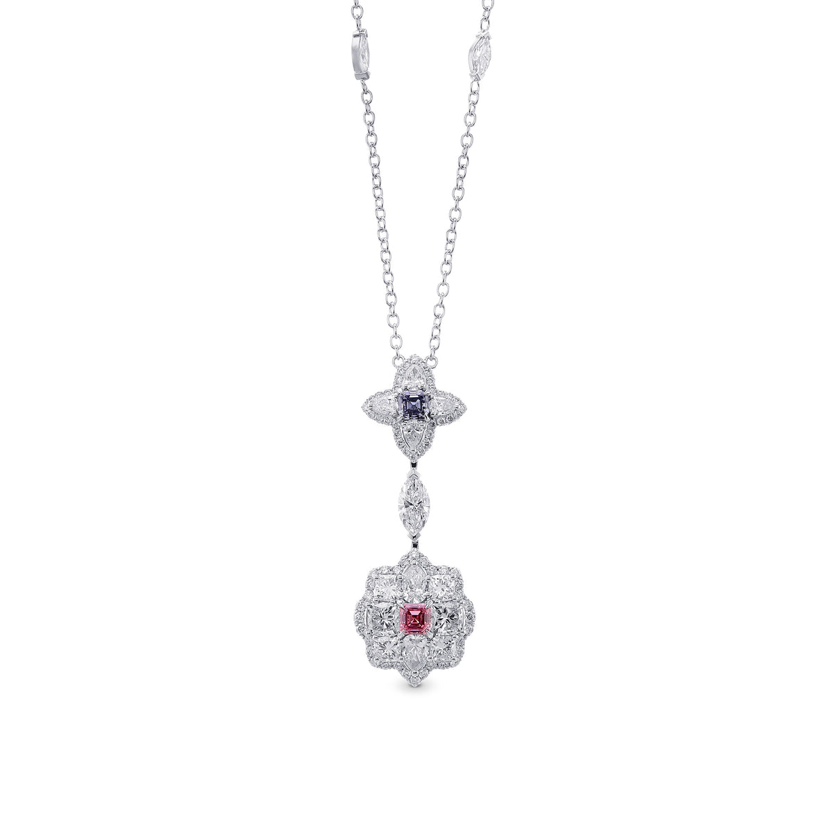 Fancy Intense Purplish Pink Asscher & Fancy Dark Blue Gray Emerald Diamond Pendant