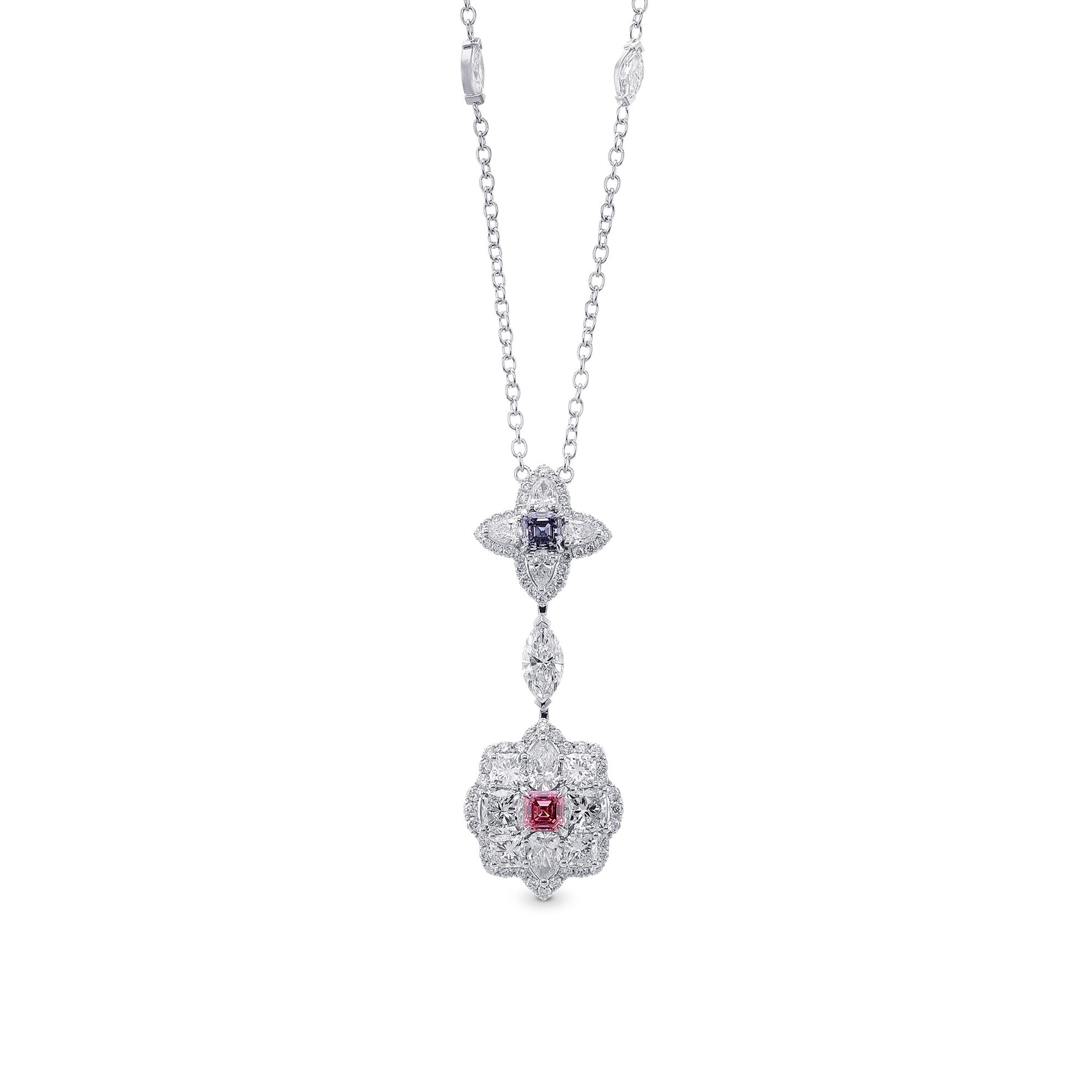 Fancy Intense Purplish Pink Asscher & Fancy Dark Blue Gray Emerald Diamond Pendant