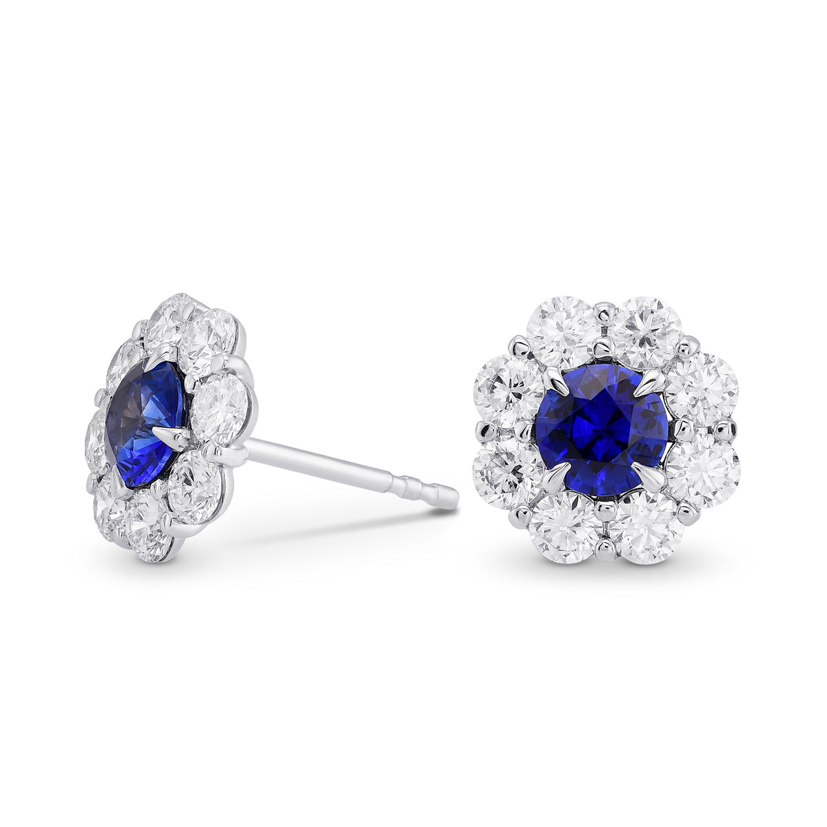 Blue Sapphire and Diamond Round Brilliant Halo Earrings