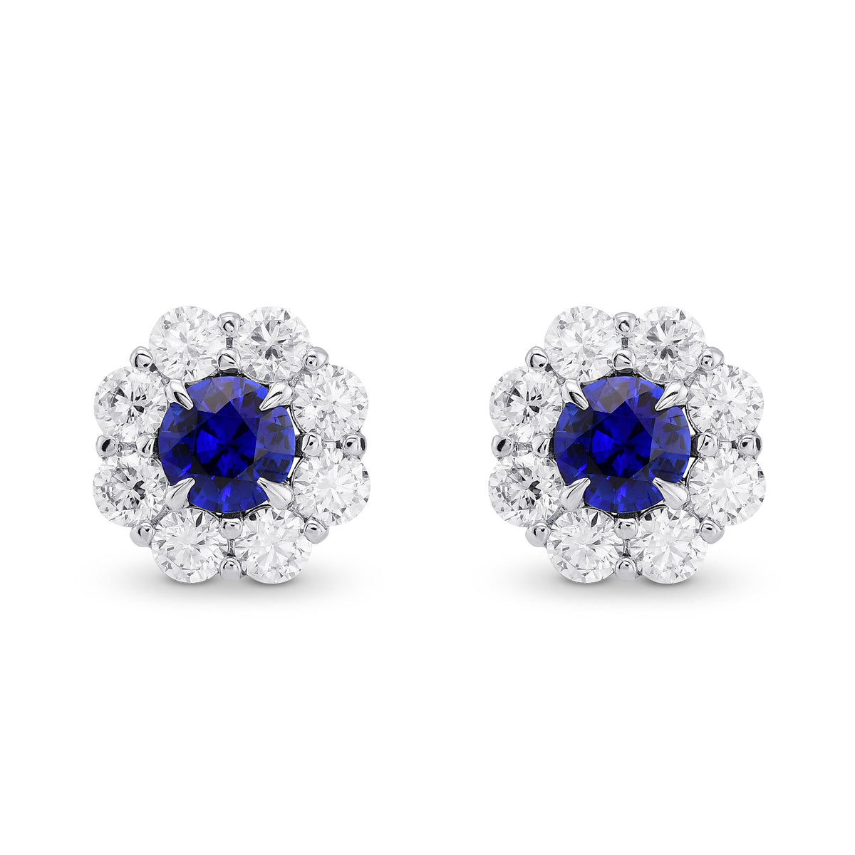 Blue Sapphire and Diamond Round Brilliant Halo Earrings