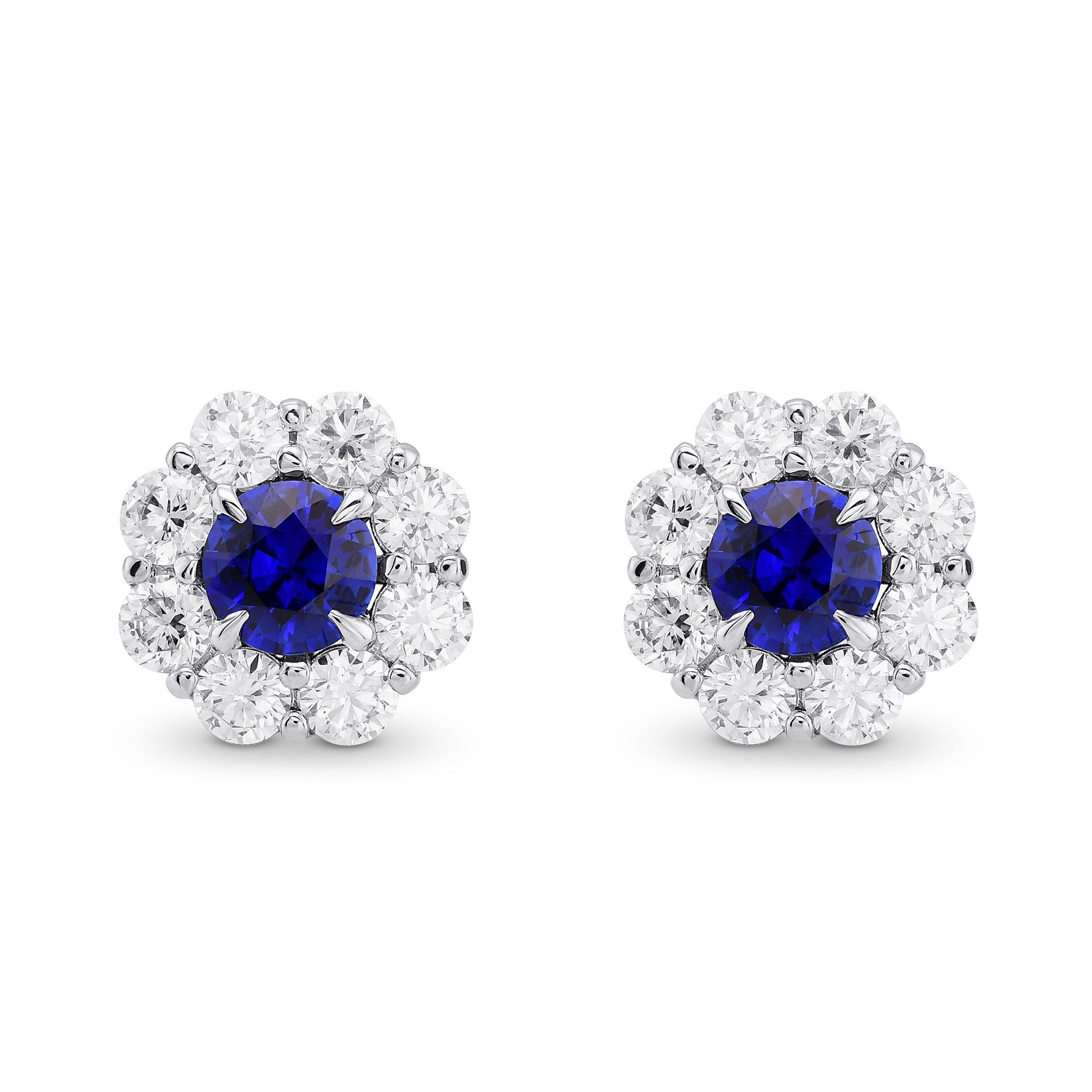 Blue Sapphire and Diamond Round Brilliant Halo Earrings