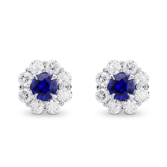 Blue Sapphire and Diamond Round Brilliant Halo Earrings