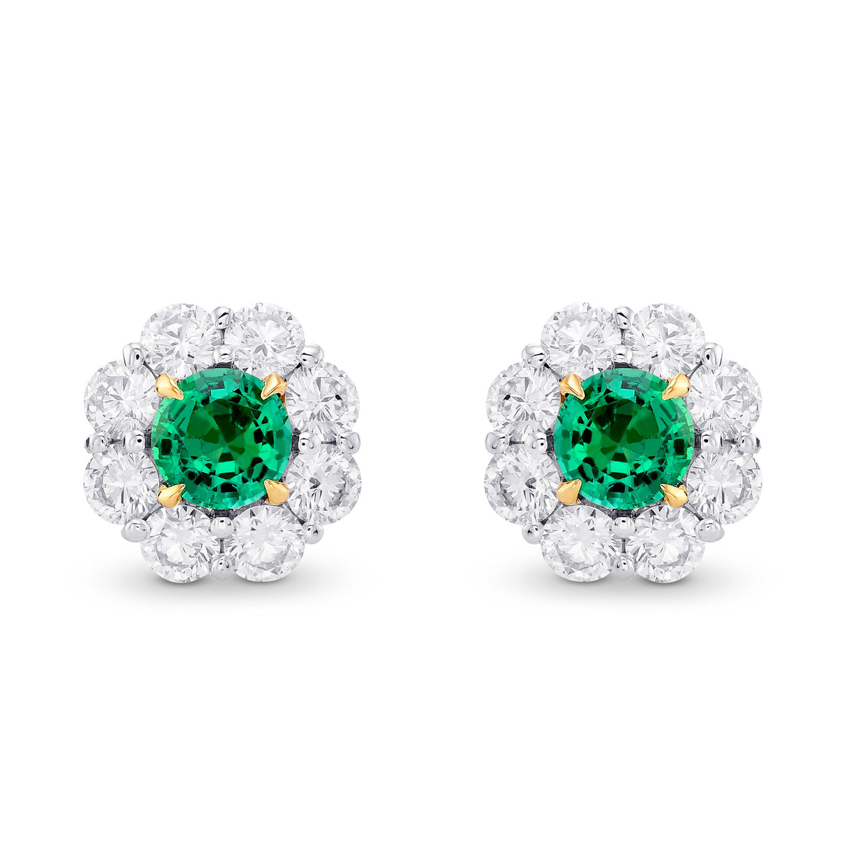 Green Emerald & Diamond Round Brilliant Halo Earrings
