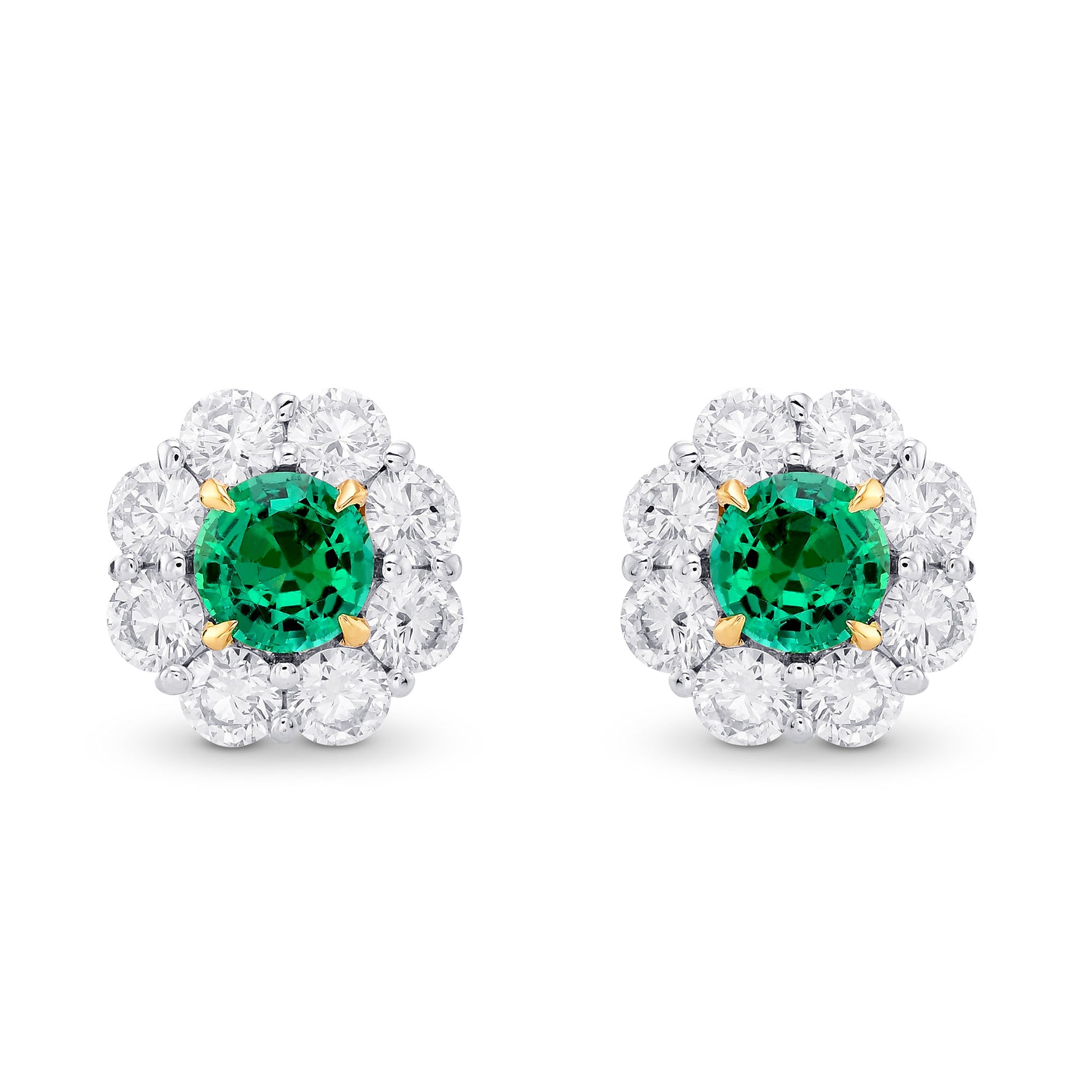 Green Emerald & Diamond Round Brilliant Halo Earrings