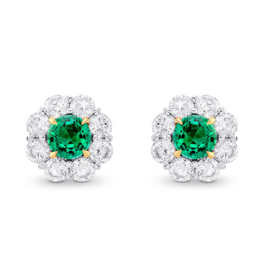 Green Emerald & Diamond Round Brilliant Halo Earrings