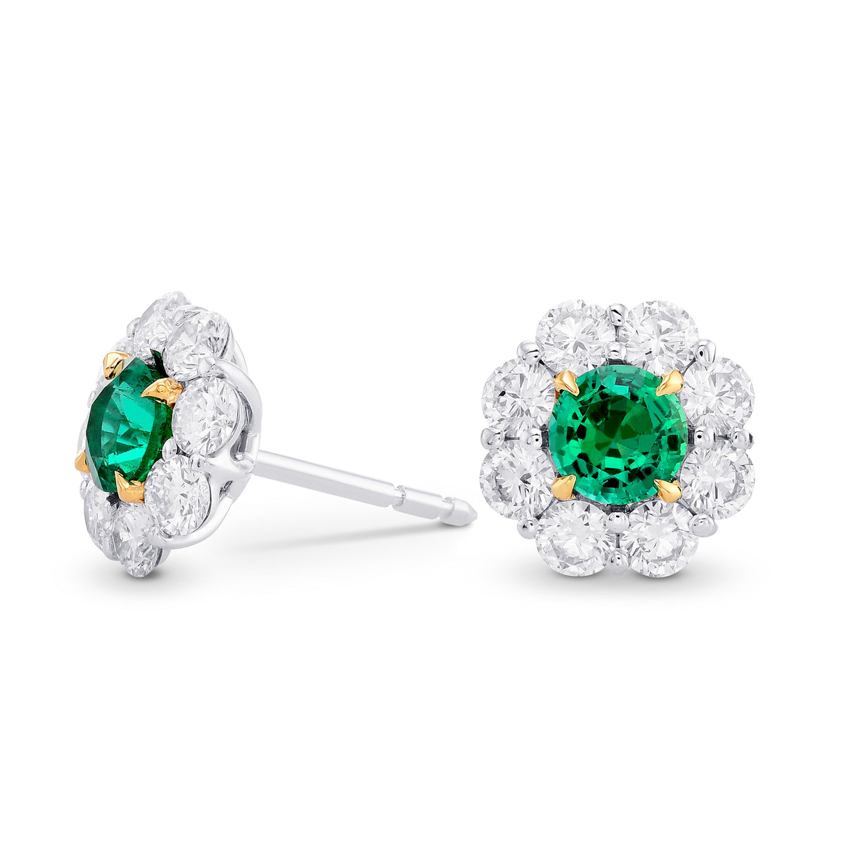 Green Emerald & Diamond Round Brilliant Halo Earrings