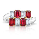 Emerald Cut Mozambique Pigeon Blood Ruby and Diamond Crossover Ring