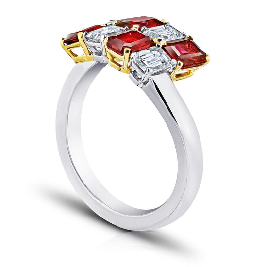 Emerald Cut Mozambique Pigeon Blood Ruby and Diamond Crossover Ring