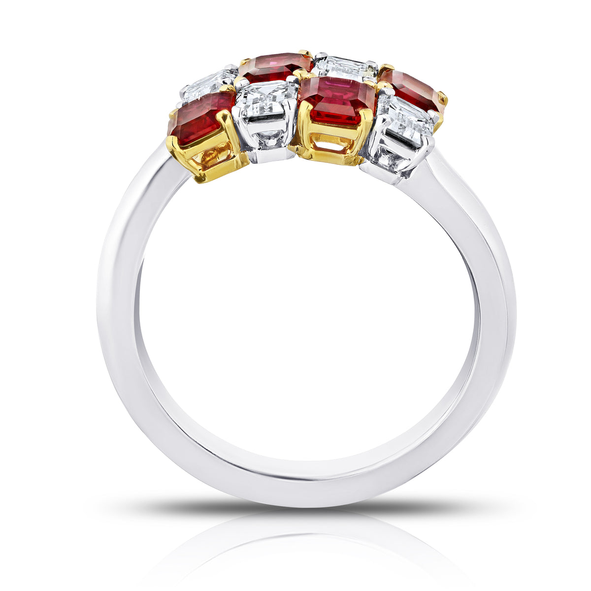 Emerald Cut Mozambique Pigeon Blood Ruby and Diamond Crossover Ring