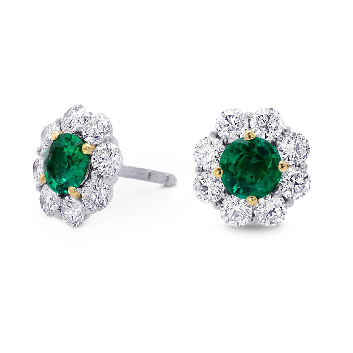 Green Round Brilliant Emerald and Diamond Halo Earrings