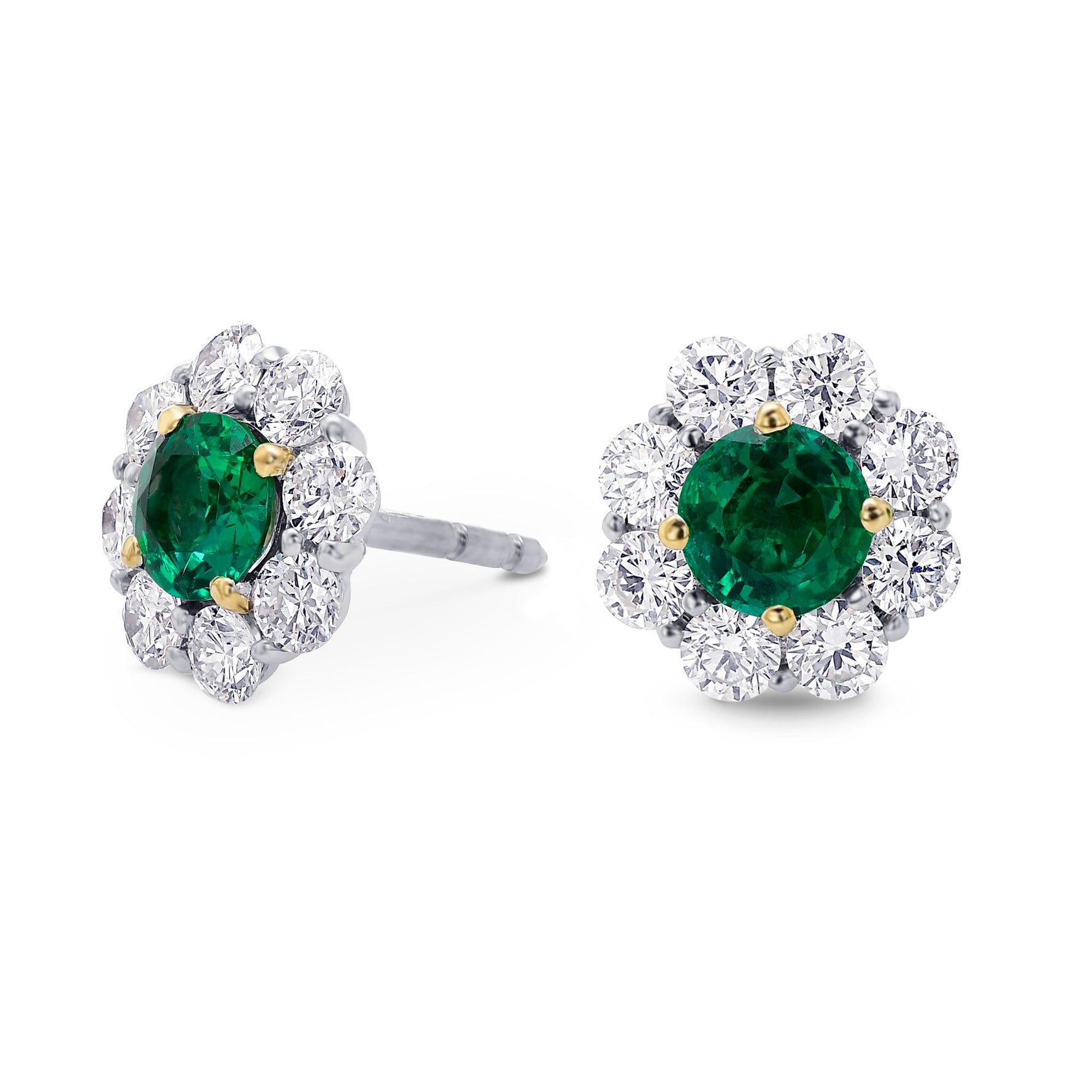 Green Round Brilliant Emerald and Diamond Halo Earrings