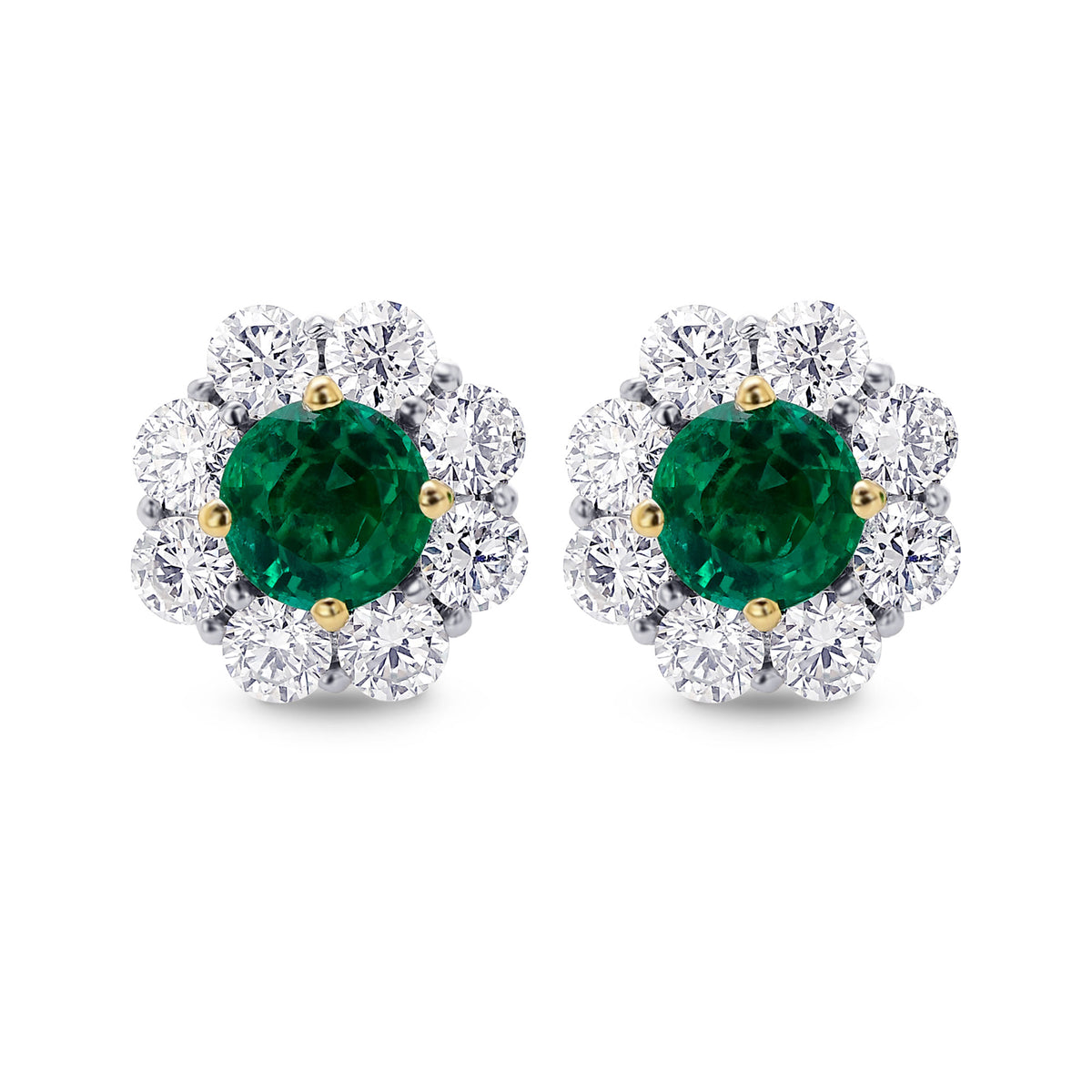 Green Round Brilliant Emerald and Diamond Halo Earrings
