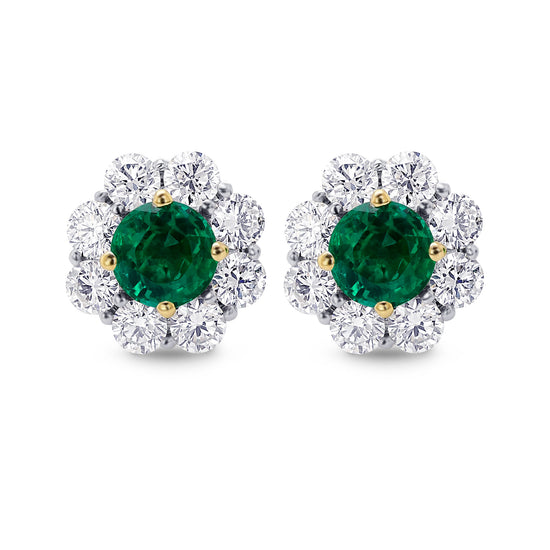 Green Round Brilliant Emerald and Diamond Halo Earrings