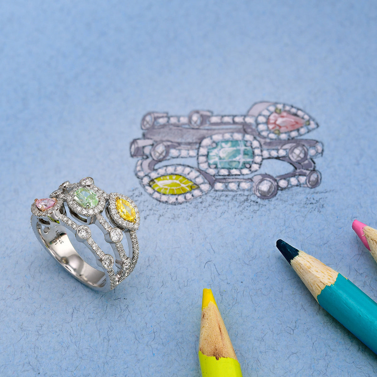 Mix Color Diamond Halo Strand Ring