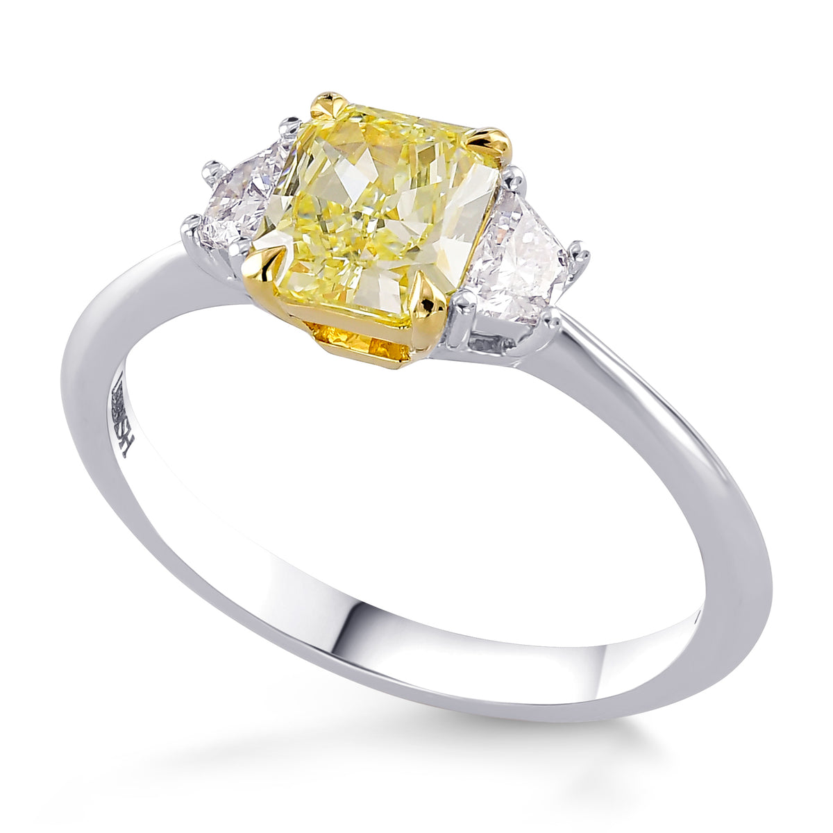 Fancy Yellow Radiant and Trapezoid Diamond 3 Stone Ring 