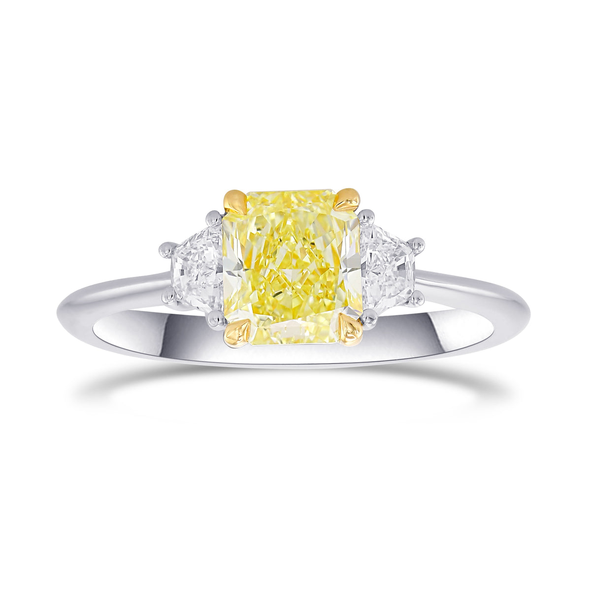 Fancy Yellow Radiant and Trapezoid Diamond 3 Stone Ring 