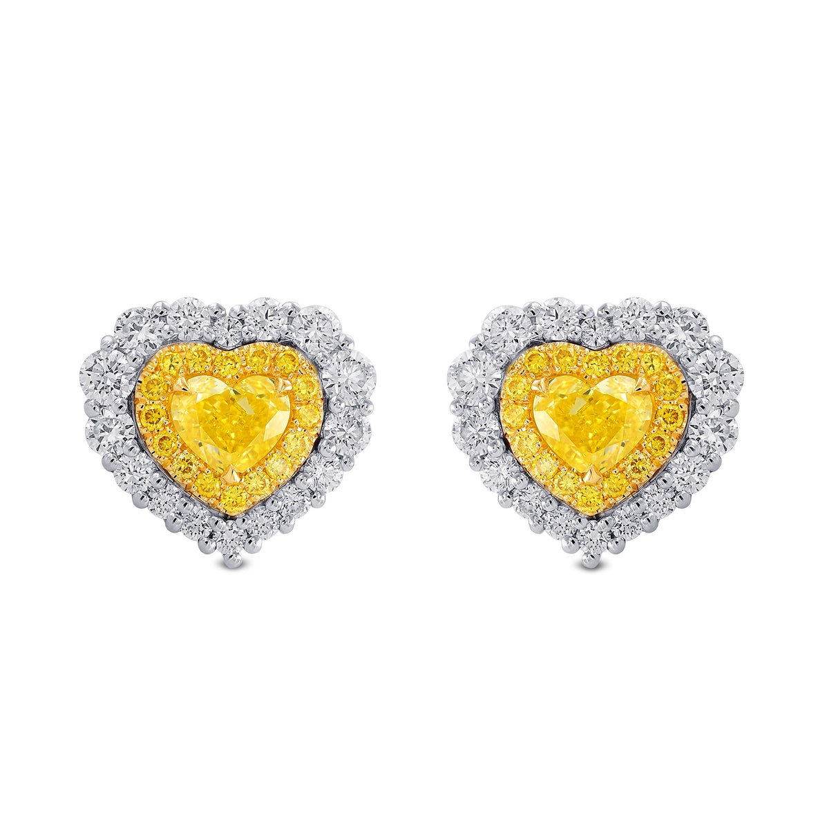 Fancy Vivid Yellow Heart Shape Double Halo Diamond Earrings