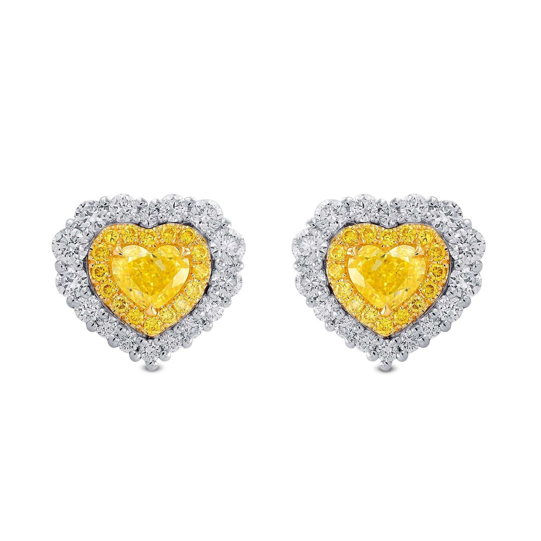 Fancy Vivid Yellow Heart Shape Double Halo Diamond Earrings