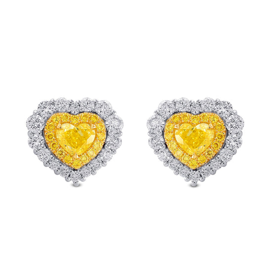 Fancy Vivid Yellow Heart Shape Double Halo Diamond Earrings