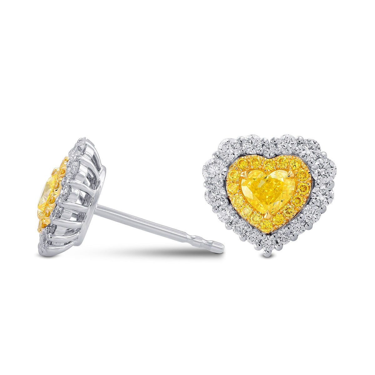 Fancy Vivid Yellow Heart Shape Double Halo Diamond Earrings