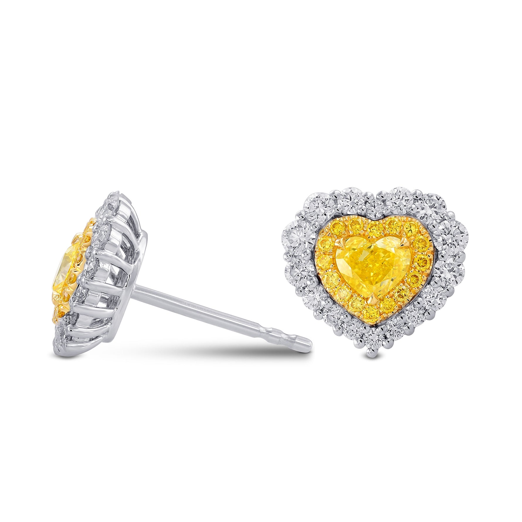 Fancy Vivid Yellow Heart Shape Double Halo Diamond Earrings