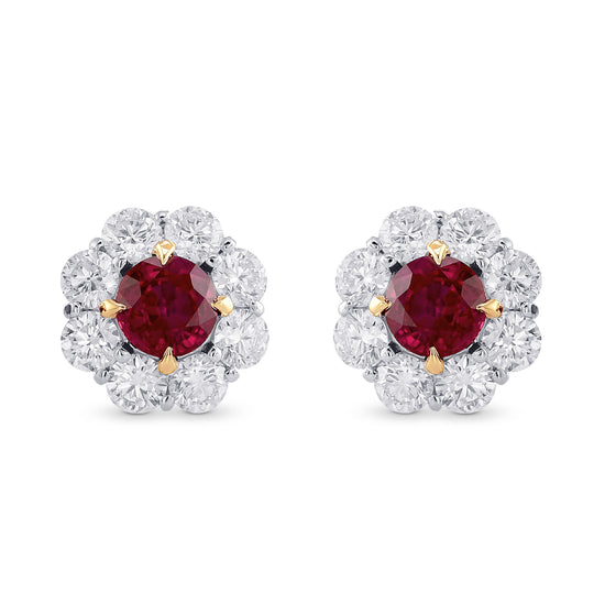 Pigeon Blood Ruby & Diamond Floral Halo Earrings 
