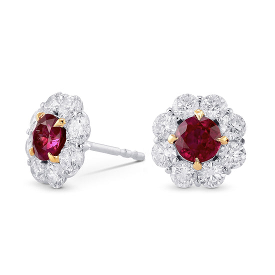 Pigeon Blood Ruby & Diamond Floral Halo Earrings 