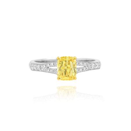 1.06cts GIA Fancy Intense Yellow Cushion Split Shank Diamond Engagement Ring