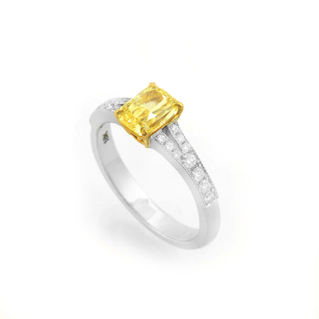 1.06cts GIA Fancy Intense Yellow Cushion Split Shank Diamond Engagement Ring