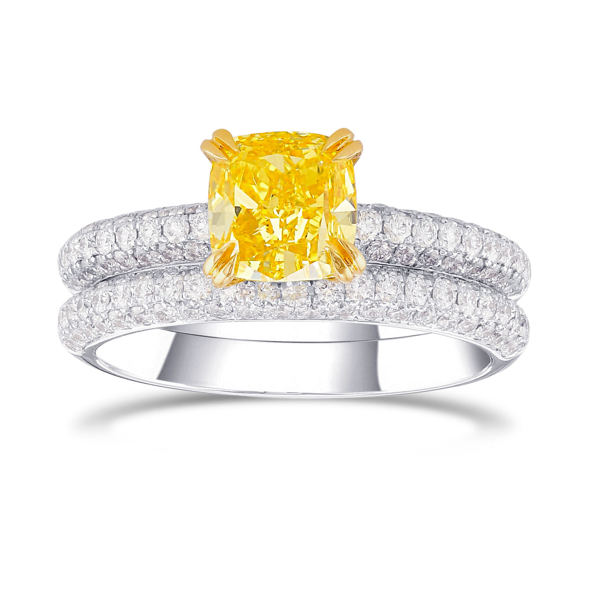 Fancy Vivid Yellow Cushion Diamond Engagement Wedding Ring Set