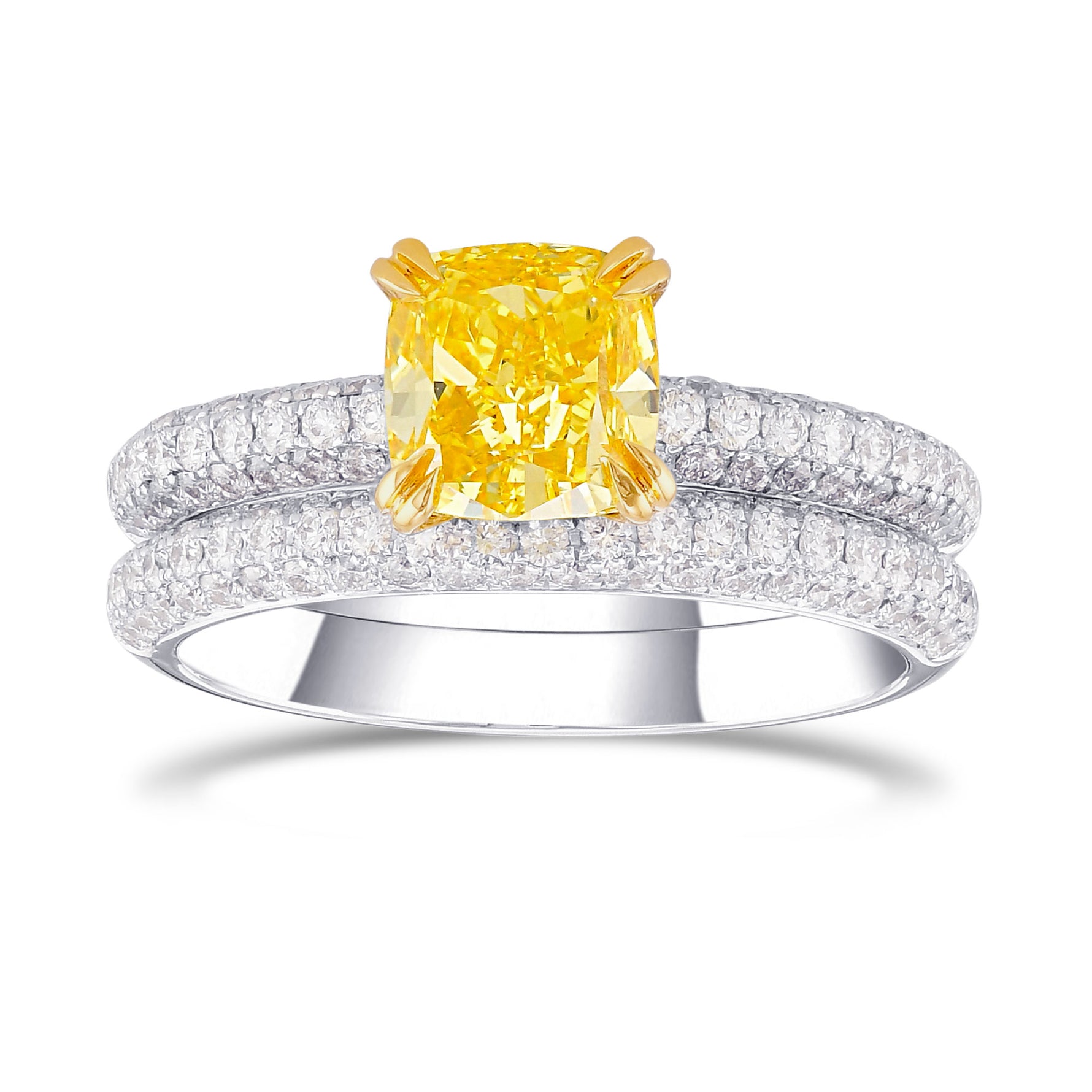 Fancy Vivid Yellow Cushion Diamond Engagement Wedding Ring Set