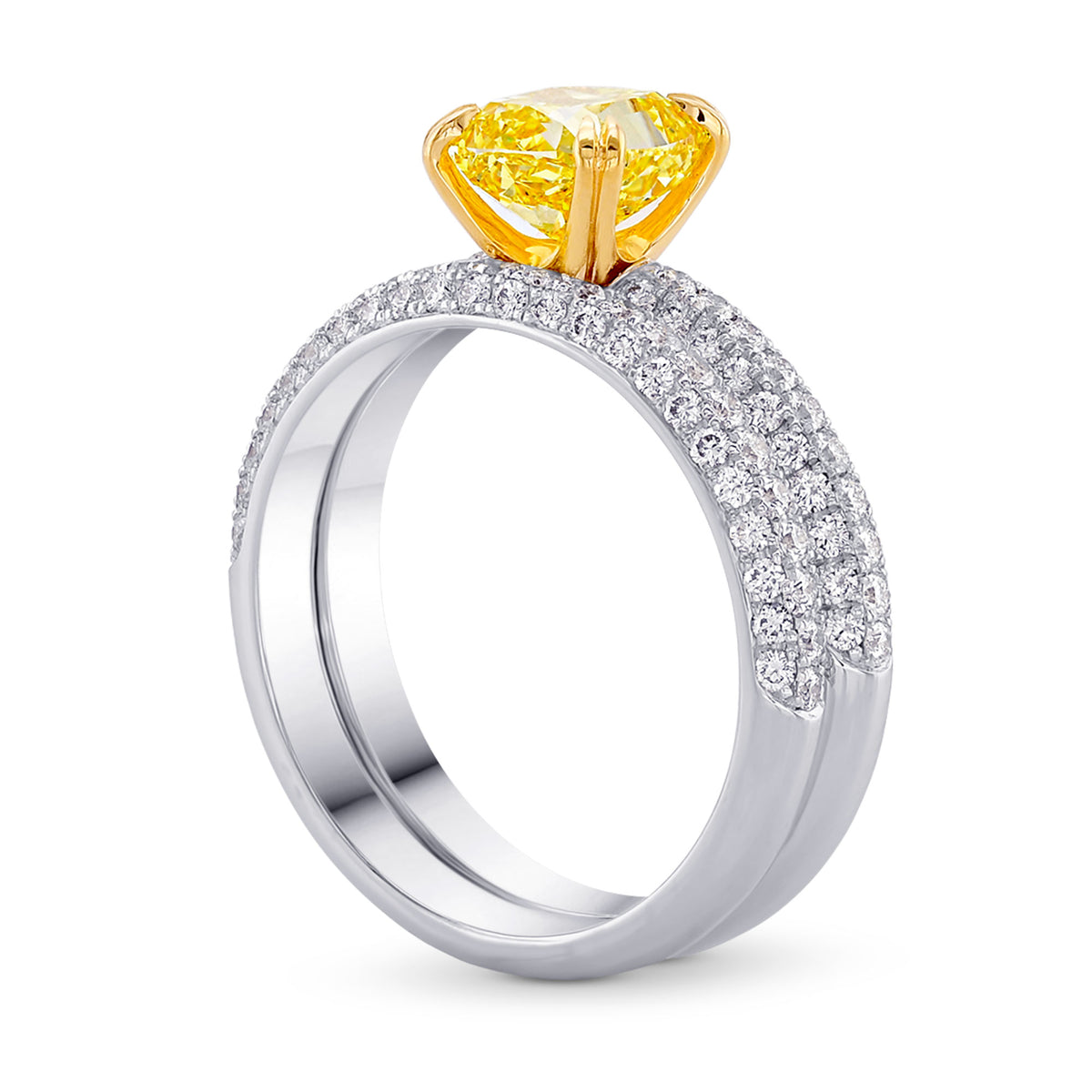 Fancy Vivid Yellow Cushion Diamond Engagement Wedding Ring Set