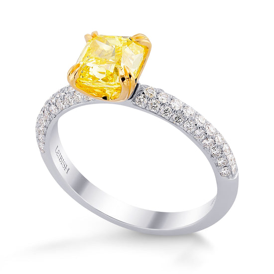 Fancy Vivid Yellow Cushion Diamond Engagement Wedding Ring Set