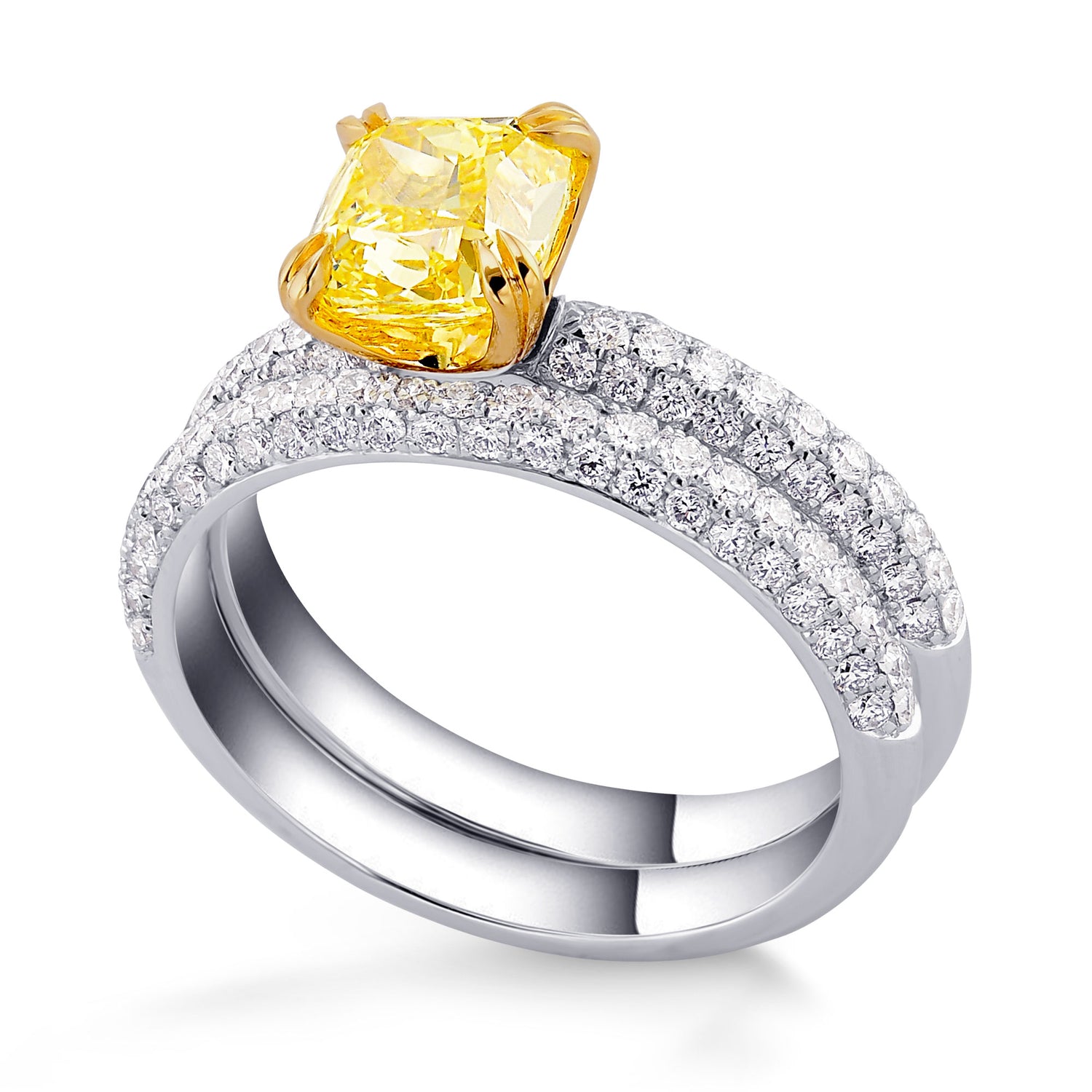 Fancy Vivid Yellow Cushion Diamond Engagement Wedding Ring Set