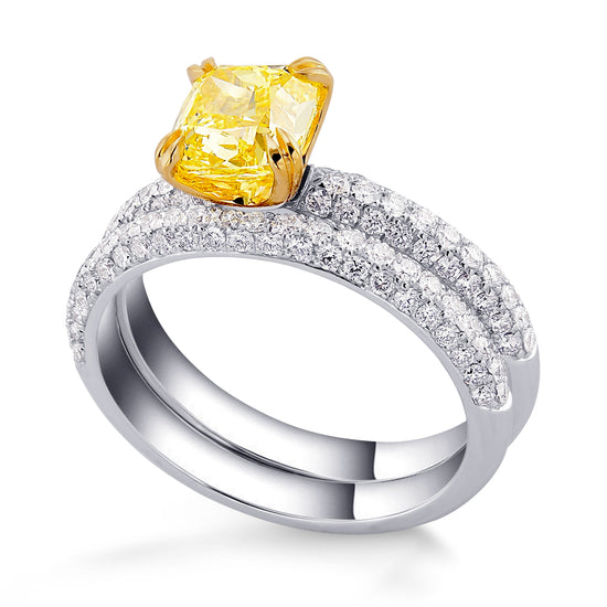 Fancy Vivid Yellow Cushion Diamond Engagement Wedding Ring Set