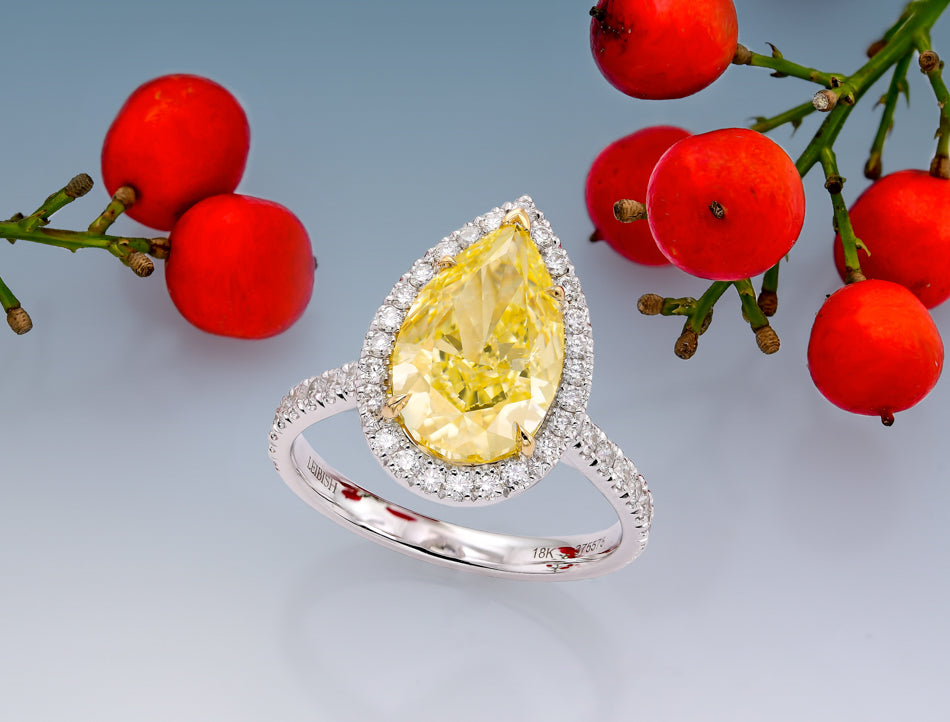 Light Yellow Pear Shape Halo Diamond Ring