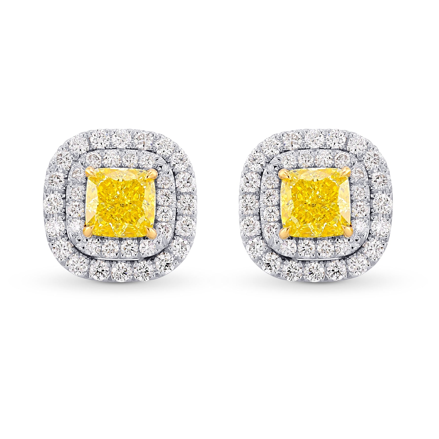 Fancy Vivid Yellow Cushion Double Halo Earrings 