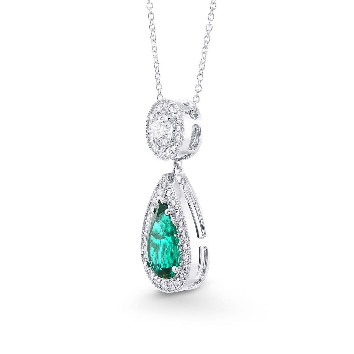 Green Colombian Pear Shape Emerald & Round Diamond Halo Drop Pendant