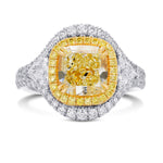 Light Yellow Double Halo 3 Stones Diamond Ring