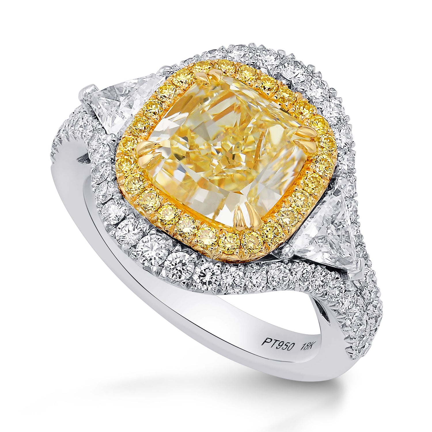 Light Yellow Double Halo 3 Stones Diamond Ring