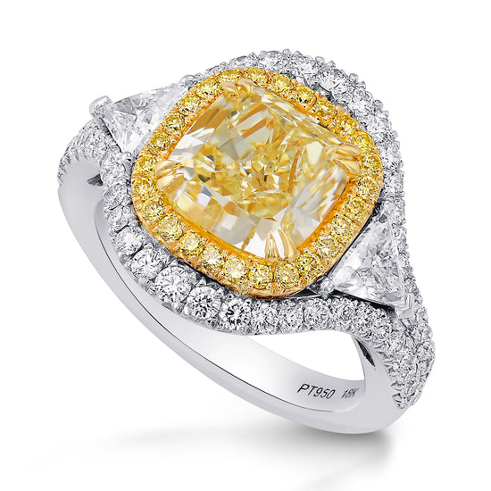 Light Yellow Double Halo 3 Stones Diamond Ring