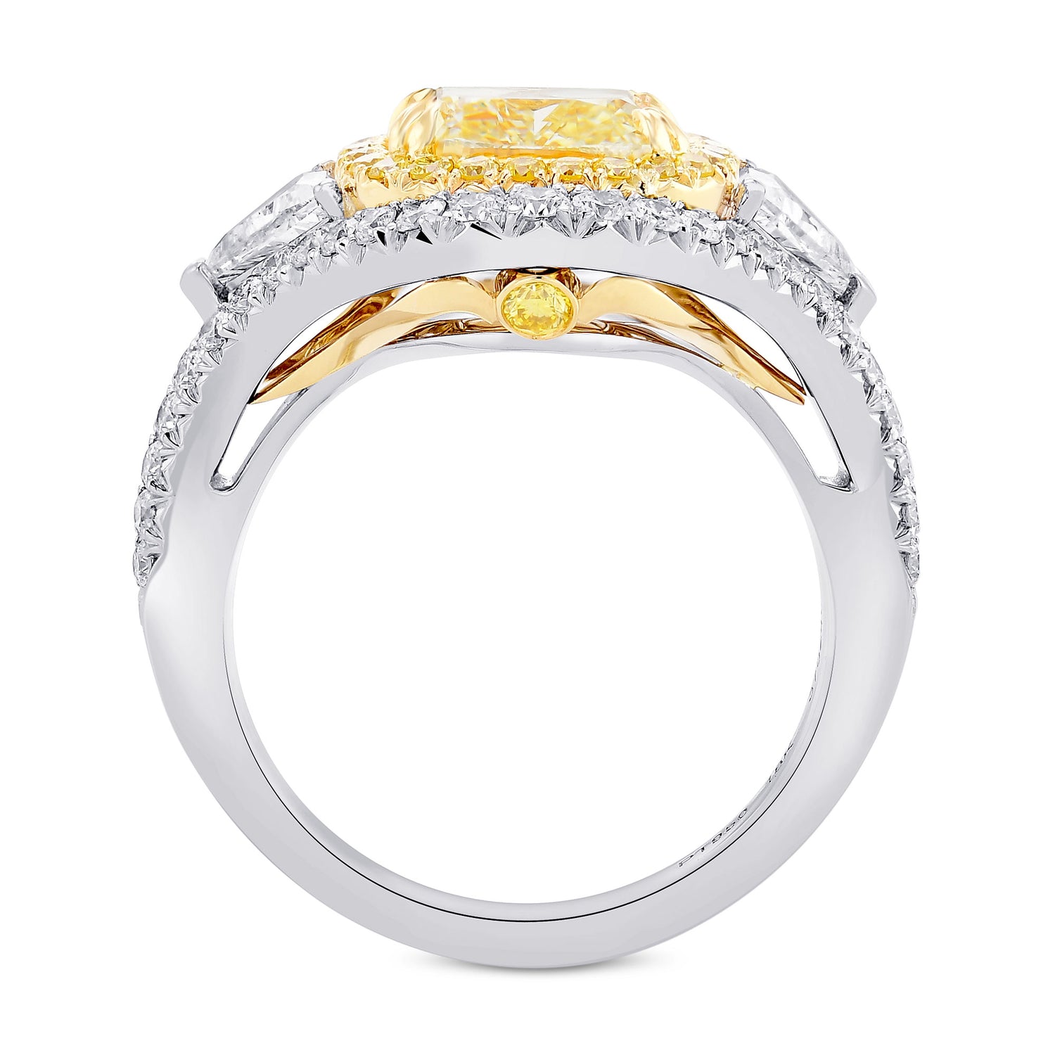 Light Yellow Double Halo 3 Stones Diamond Ring