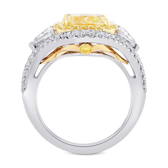 Light Yellow Double Halo 3 Stones Diamond Ring