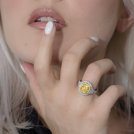 Light Yellow Double Halo 3 Stones Diamond Ring