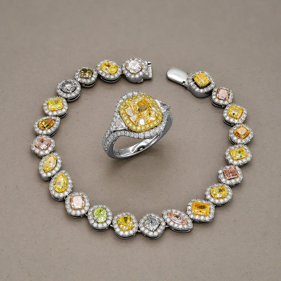 Light Yellow Double Halo 3 Stones Diamond Ring