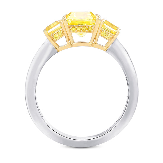  Fancy Vivid Yellow Asscher Side Stone Diamond Ring