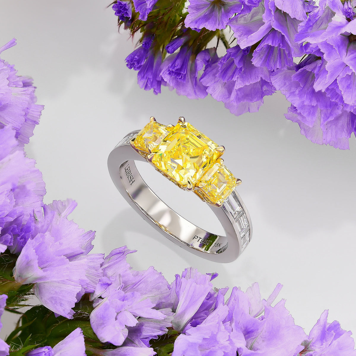  Fancy Vivid Yellow Asscher Side Stone Diamond Ring