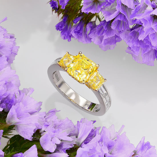  Fancy Vivid Yellow Asscher Side Stone Diamond Ring